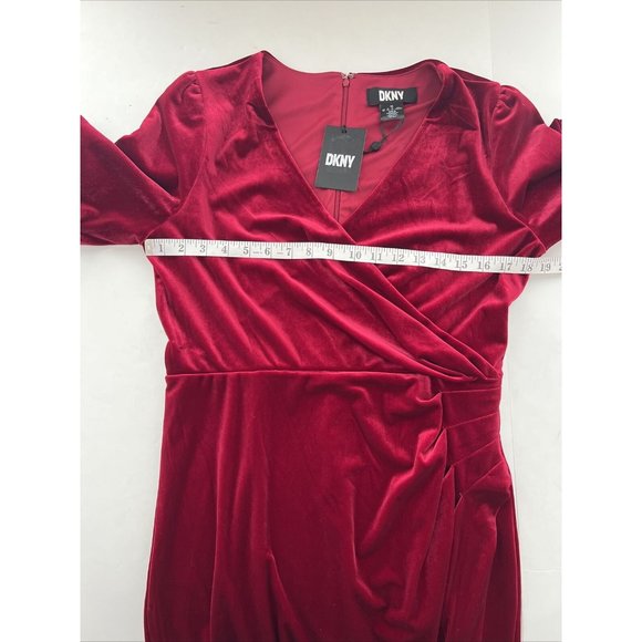 DKNY Women’s Red stretch Velvet Bubble-Sleeve Faux-Wrap Dress size 10 - Picture 5 of 7